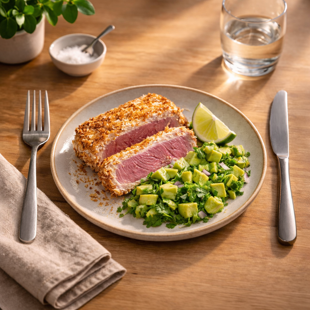 Crispy Coconut-Crusted Tuna Steaks with Avocado Cilantro Salsa